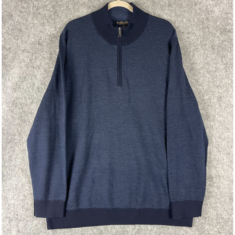 Brooks Brothers Herringbone Merino Wool Sweater Mens XXL Blue 1/4 Zip Classic